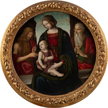 Maestro del Tondo Greenville (attivo in Toscana e Umbria alla fine del secolo XV - inizio del XVI) - Madonna con Bambino, San Giovanni Battista e Santo Monaco