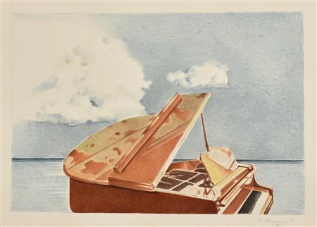 L. Marengoni PIANOFORTE SUL MARE tecnica mista su carta, cm 33x44 firma e...