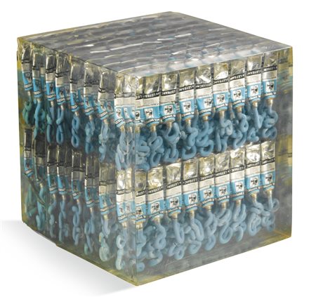 ARMAN 1928 - 2005 CUBO AZZURRO (BLEU TORQUOISE) signed and dated 68, two rows...