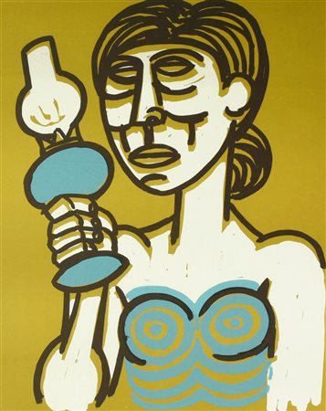 Giuseppe Migneco (1908 - 1997) DONNA CON LAMPADA AD OLIO litografia, cm...