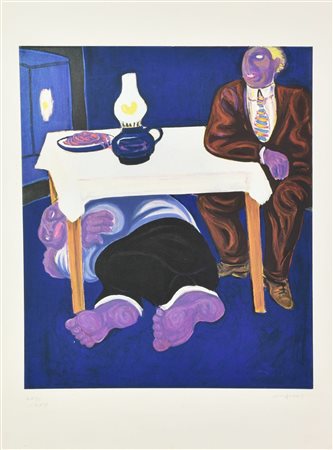 Giuseppe Migneco (1908 - 1997) LA CENA incisione, cm 54x44,5, su foglio cm...