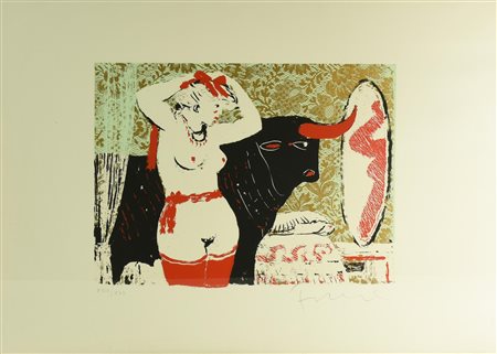 Salvatore Fiume (1915 - 1997) DONNA ALLO SPECCHIO CON TORO litografia, cm...