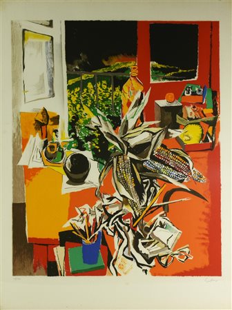 Renato Guttuso (1911 - 1987) FINESTRA STUDIO CON GRANTURCO litografia, cm...