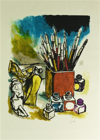 Renato Guttuso (1911 - 1987) NATURA MORTA CON PENNELLI serigrafia, cm 60x40;...