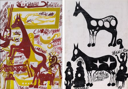 CARLO ZINELLI
Grande cavallo rampante bruno e figure gialle - Due grandi cavalli con figure neri, 1966