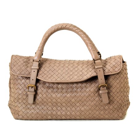 Borsa Bottega Veneta con doppi manici e fibbie in pelle grigio chiaro....