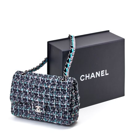 Borsa Chanel Timeless in tweed, colore melange, nero, verde acqua e bianco,...