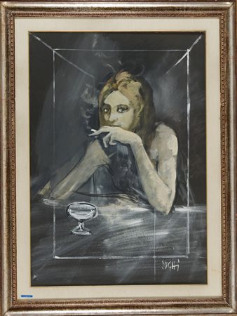 Alberto Sughi (Cesena, 1928 - 2012) Donna al bar 1971 Tempera su carta...