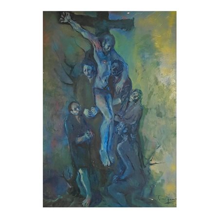 Artista anonimo. Dipinto olio su tela, raffigurante Cristo in Croce, di Rino...