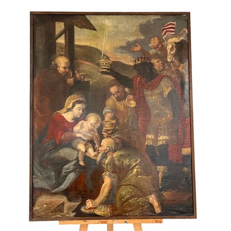 Dipinto olio su tela, raffigurante l'adorazione dei Re Magi, XIX secolo....