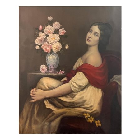 Dipinto olio su tela, Scuola Francese raffigurante Ritratto di donna seduta,...
