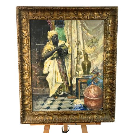 Dipinto olio su tela, raffigurante Venditore Arabo. Copia da Ettore Cercone,...