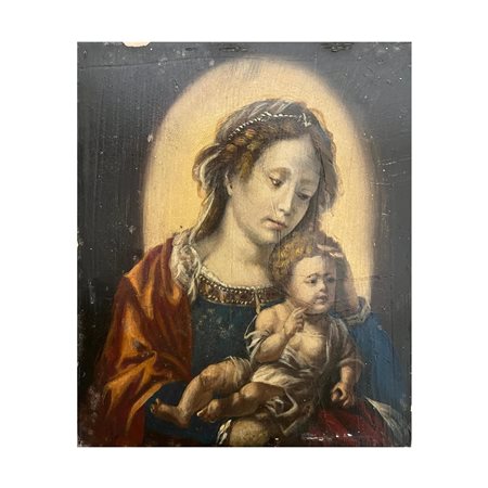Dipinto olio su rame, raffigurante Vergine e bambino, da Jan Gossaert....