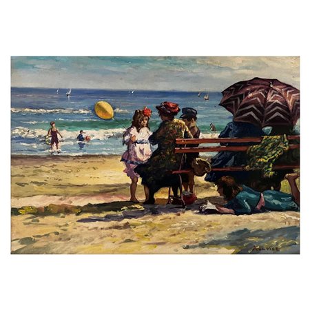 Dipinto olio su tavola, raffigurante Giornata al mare, periodo XX secolo....