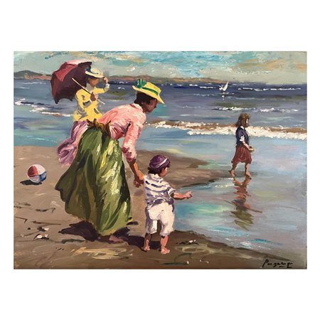 Dipinto olio su pannello, raffigurante Famiglia al mare, periodo XX secolo....