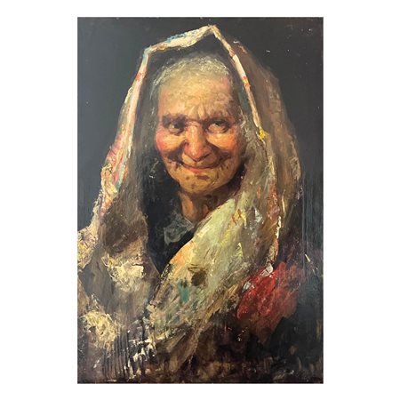 Dipinto olio su tavola raffigurante Ritratto di anziana donna. XX secolo....