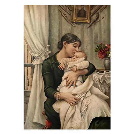 Dipinto olio su pannello, raffigurante La maternitÃ , periodo XX secolo,...