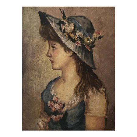 Dipinto olio su cartoncino raffigurante Ragazza con cappello, periodo XX...