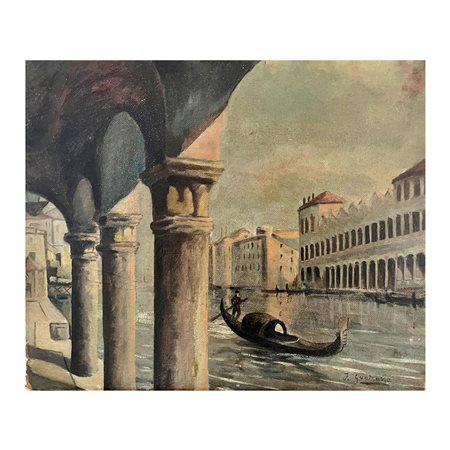 Dipinto olio su tela attaccato su pannello, raffigurante Scorcio di Venezia,...