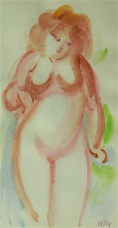 Aligi Sassu FIGURA FEMMINILE acquerello su carta, cm 24x12,5 firma