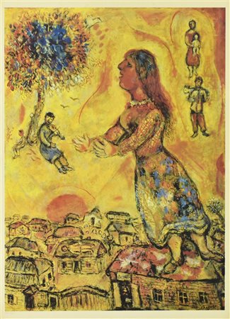 D'apres Marc Chagall ARBRE ET MAISONS riproduzione fotolitografica su carta,...