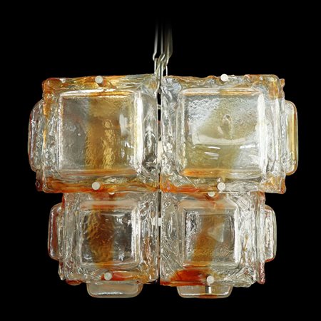 Mazzega - Lampadario con vetri diffusori in vetro di Murano soffiato e acciaio nichelato, 70's
