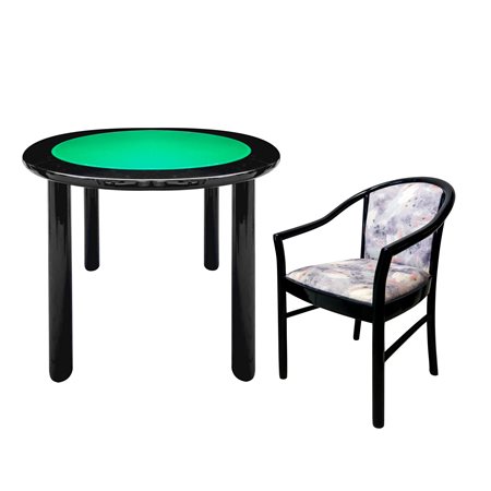 Tavolo da gioco laccato nero bifacciale con tappeto verde con 4 sedie laccate con tapezzeria