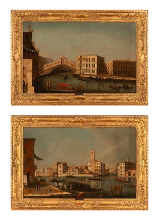 Coppia di vedute raffiguranti Venezia: il Canal Grande verso Cannaregio con la chiesa di San Geremia, Palazzo Labia ed il suo ponte delle Guglie; Veduta della Chiesa di Santa Maria della Salute e del Ponte di Rialto    Francesco Tironi (attribuito a)