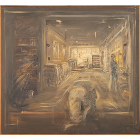 GIANCARLO OSSOLA, Interno con figure, Olio su tela