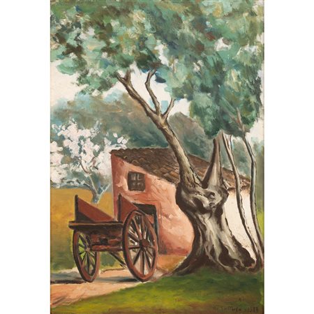 RENATO GUTTUSO, Paesaggio, Olio su tela applicato su cartone