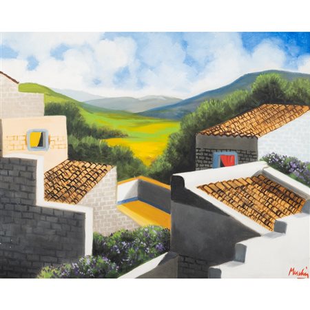 RENZO MESCHIS, Paesaggio e tetti, Olio su tela