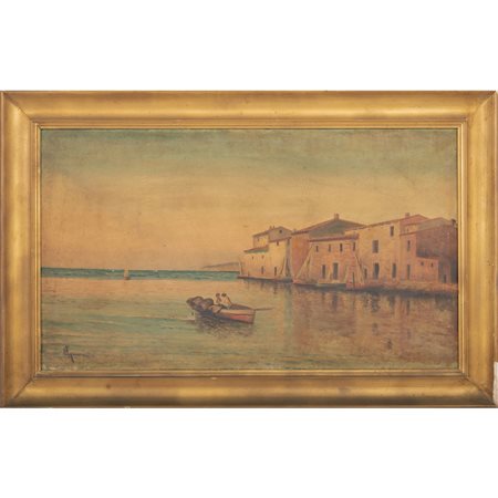 GIOVANNI GUARNERI, Marina con pescatori e borgo, Olio su tela