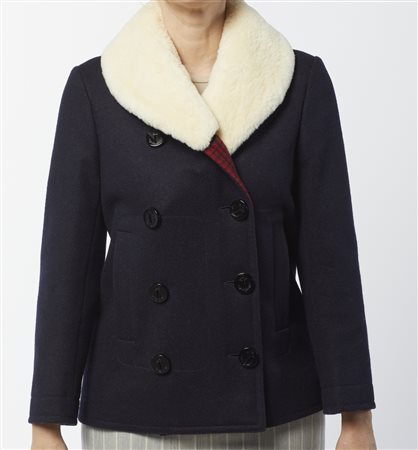 BALENCIAGA - Cappotto corto in lana e collo in pelliccia beige.