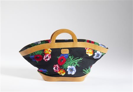 KENZO - Borsa Summer in tela denim nera, stampa fiori multicolor.