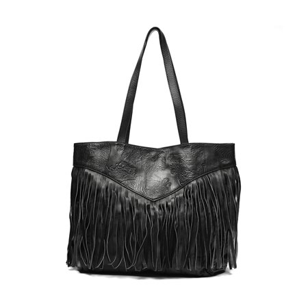 GENNY (n. 1962) - Tote bag in pelle nera impressa con frange.