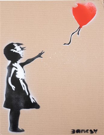 BANKSY (Bristol 1974) "Balloon girl". Spray su cartone. Cm 40x30. Reca firma...