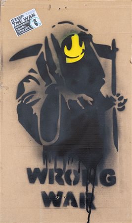 BANKSY (Bristol 1974) "Wrong war". Spray su cartone. Cm 71,5x43. Reca titolo...