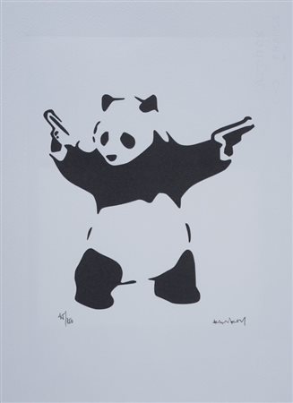 BANKSY (Bristol 1974), after. "Panda with guns". Litografia a colori su...