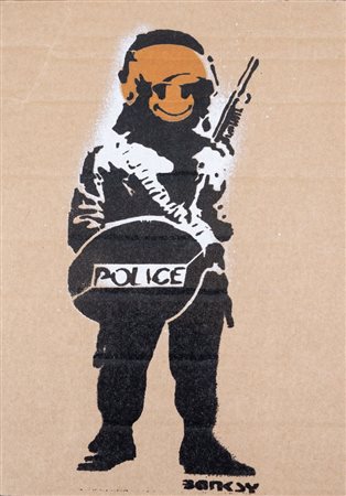 BANKSY (Bristol 1974) "Police", 2015. Spray su cartone. Cm 30x21. Reca firma...