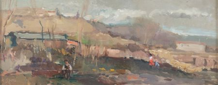 UMBERTO SGARZI (Bologna 1921 – 2017) "Paesaggio". Olio su tavola. Cm 20x50....