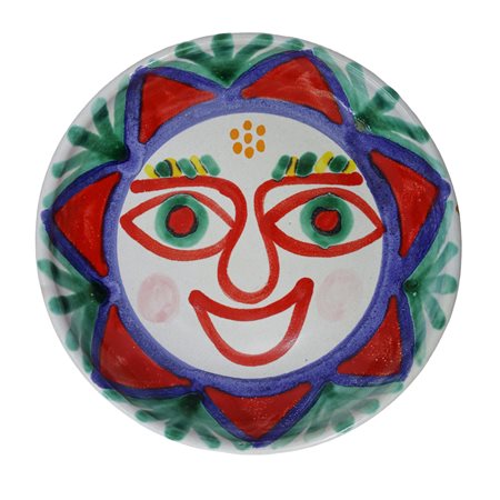 De Simone - Ciotola rotonda in ceramica policroma dipinta a mano con sole con volto, 1960/1970