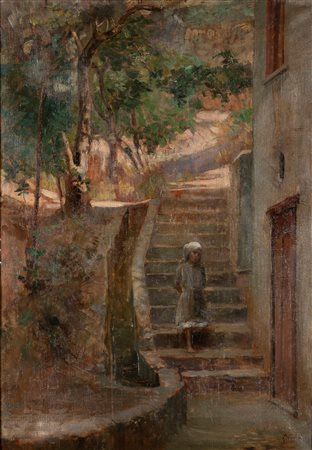 Francesco De Nicola (Musellaro 1882-Napoli 1961)  - Bimba sulla scala dell'antico borgo