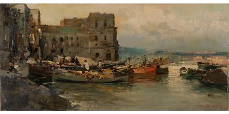 Ezelino Briante (Napoli 1901-Roma 1971)  - Napoli, barche di pescatori a Palazzo Donn'Anna