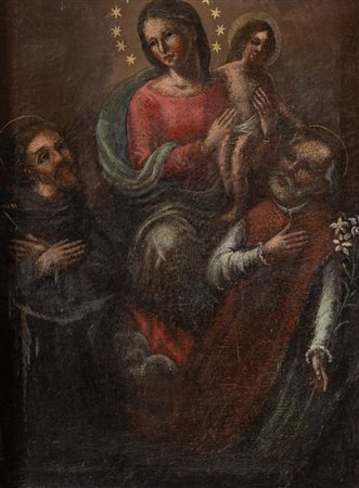 Maestro del XVII secolo. "Madonna con bambino e Santi". Olio su tela. Cm...
