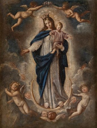 Maestro del XVII secolo. "Madonna in gloria con Bambino e angeli". Olio su...