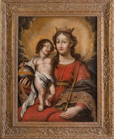 Maestro nordico del XVII secolo. "Madonna in gloria con Bambino". Olio su...