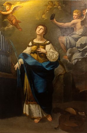 Maestro emiliano del XVII secolo. "Santa Cecilia con angeli musicanti". Olio...