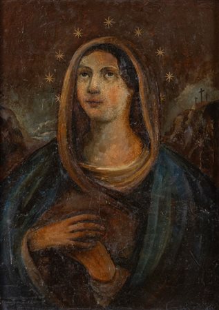 Maestro del XIX secolo, Madonna in estasi (restauri). Olio su tela. Cm 75x55,5.