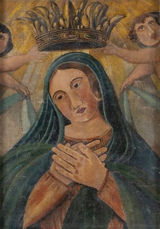 Maestro del XIX secolo. "Madonna in gloria con angeli". Olio su tavola. Cm...