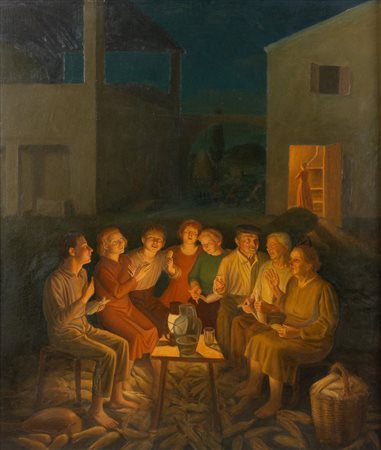 Pittore anonimo del XX secolo. "Convivio". Olio su tavola. Cm 114x101.